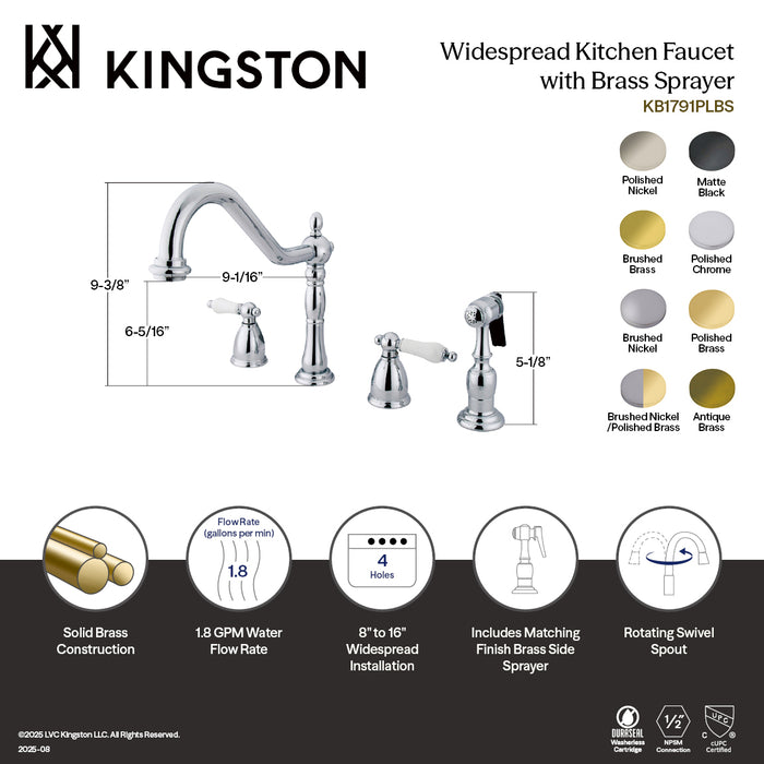 Kingston Heirloom KB1798PLBS - Heritage Double-Handle 4-Hole Widespread Kitchen Faucet with Brass Sprayer, Brushed Nickel