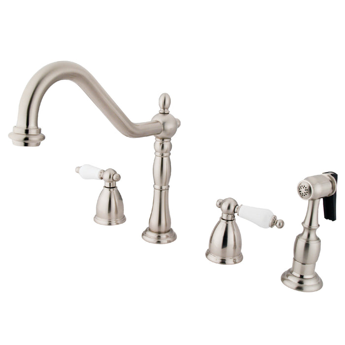 Kingston Heirloom KB1798PLBS - Heritage Double-Handle 4-Hole Widespread Kitchen Faucet with Brass Sprayer, Brushed Nickel