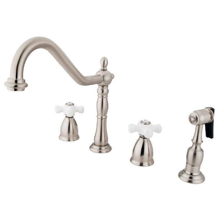 Kingston Heirloom KB1798PXBS - Heritage Double-Handle 4-Hole Widespread Kitchen Faucet with Brass Sprayer, Brushed Nickel