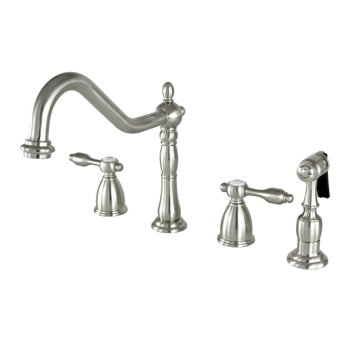 Kingston Heirloom KB1798TALBS - Tudor Double-Handle 4-Hole Widespread Kitchen Faucet with Brass Sprayer, Brushed Nickel