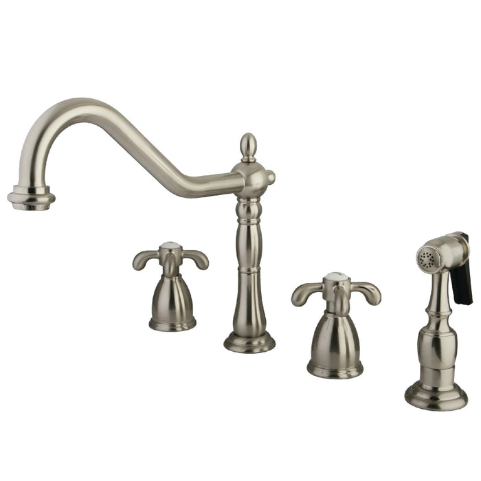 Kingston Heirloom KB1798TXBS - French Country Double-Handle 4-Hole Widespread Kitchen Faucet with Brass Sprayer, Brushed Nickel