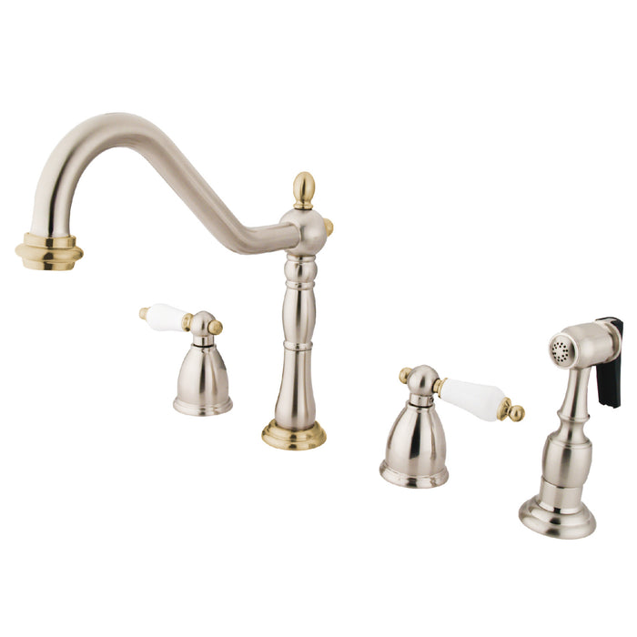 Kingston Heirloom KB1799PLBS - Heritage Double-Handle 4-Hole Widespread Kitchen Faucet with Brass Sprayer, Brushed Nickel/Polished Brass
