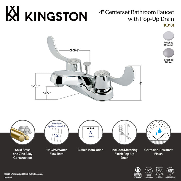 Kingston Tulare KB181 - Vista Double-Handle 3-Hole Deck Mount 4-Inch Centerset Bathroom Faucet with ABS Pop-Up Drain, Polished Chrome