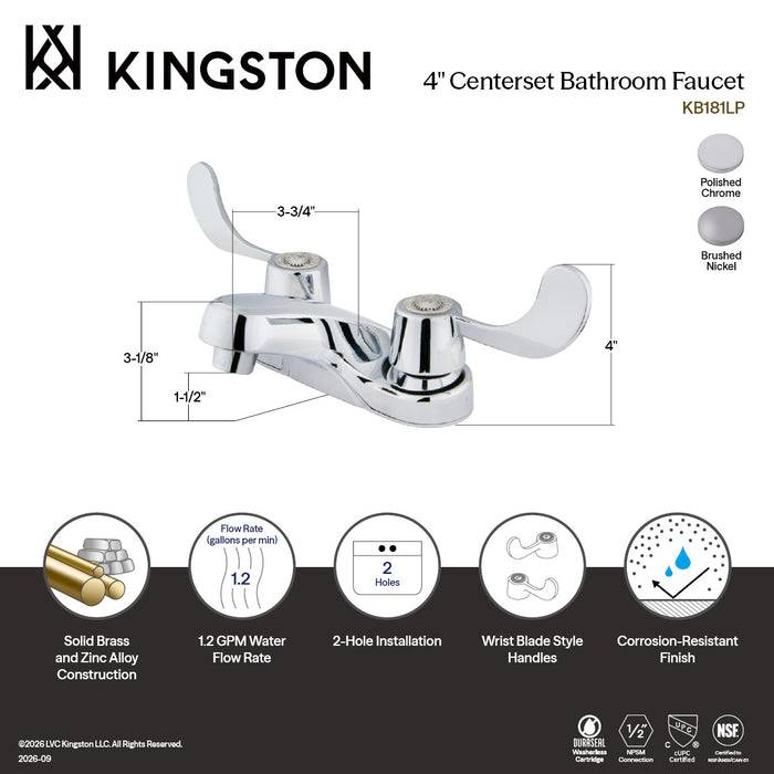 Kingston Tulare KB181LP - Vista Double-Handle 3-Hole Deck Mount 4-Inch Centerset Bathroom Faucet, Polished Chrome