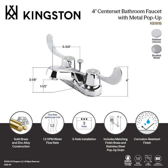 Kingston Tulare KB188B - Vista Double-Handle 3-Hole Deck Mount 4-Inch Centerset Bathroom Faucet with Brass Pop-Up, Brushed Nickel