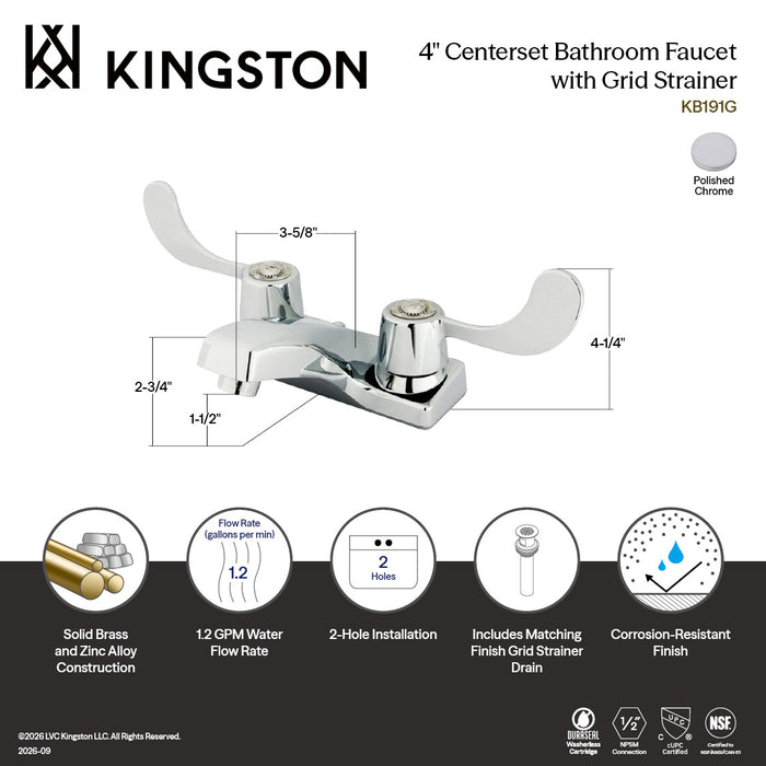 Kingston Vista KB191G Double-Handle 3-Hole Deck Mount 4-Inch Centerset Bathroom Faucet with Grid Strainer, Polished Chrome