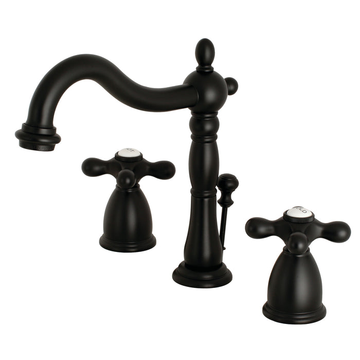 Heritage KB1970AX Two-Handle 3-Hole Deck Mount Widespread Bathroom Faucet with Brass Pop-Up, Matte Black