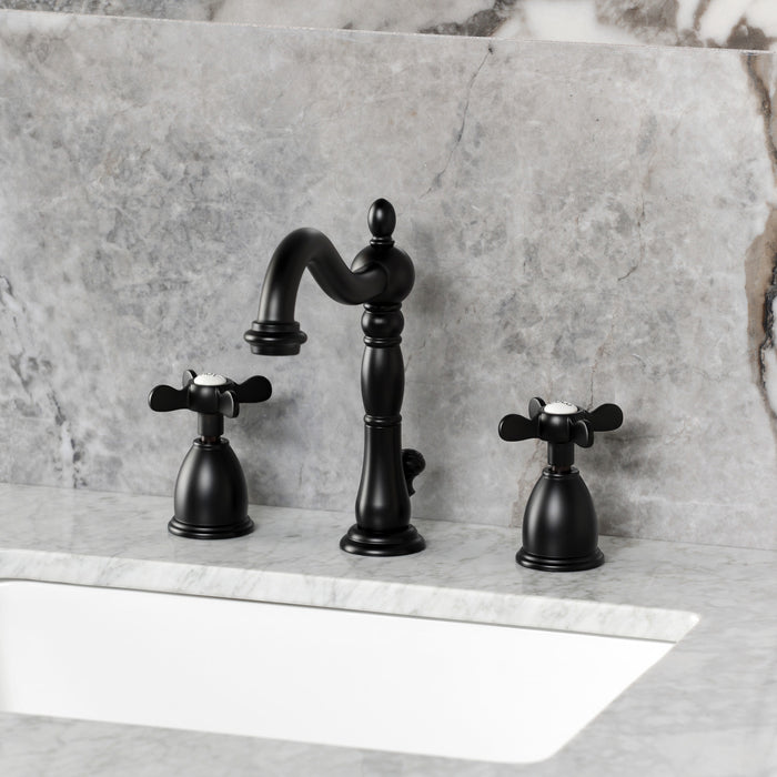 Kingston Heirloom KB1970BEX - Essex Two-Handle 3-Hole Deck Mount Widespread Bathroom Faucet with Brass Pop-Up, Matte Black
