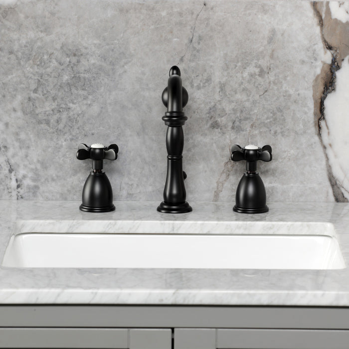 Kingston Heirloom KB1970BEX - Essex Two-Handle 3-Hole Deck Mount Widespread Bathroom Faucet with Brass Pop-Up, Matte Black