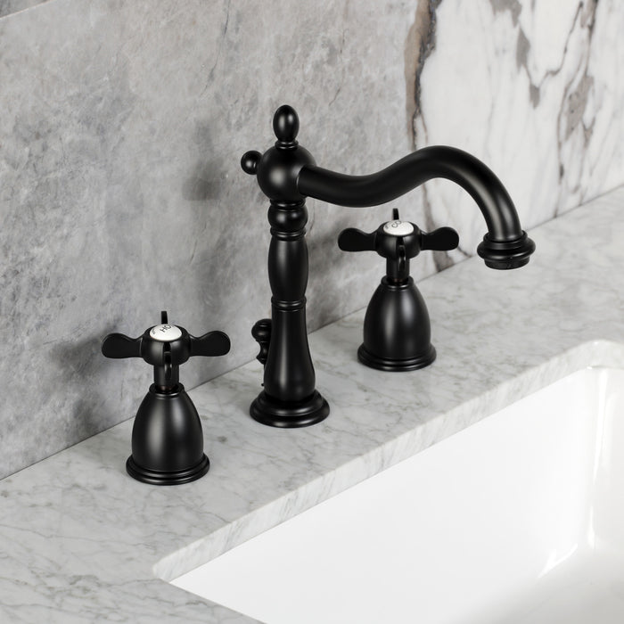 Kingston Heirloom KB1970BEX - Essex Two-Handle 3-Hole Deck Mount Widespread Bathroom Faucet with Brass Pop-Up, Matte Black