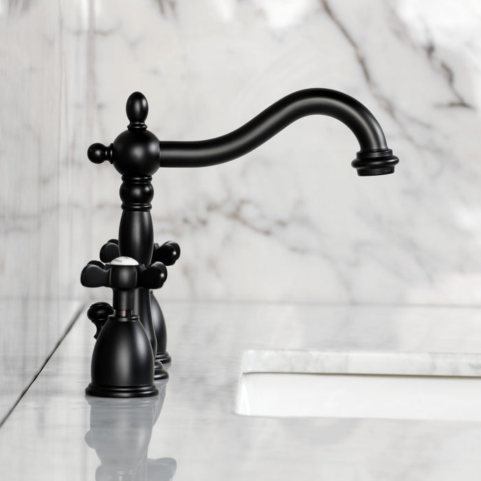 Kingston Heirloom KB1970BEX - Essex Two-Handle 3-Hole Deck Mount Widespread Bathroom Faucet with Brass Pop-Up, Matte Black
