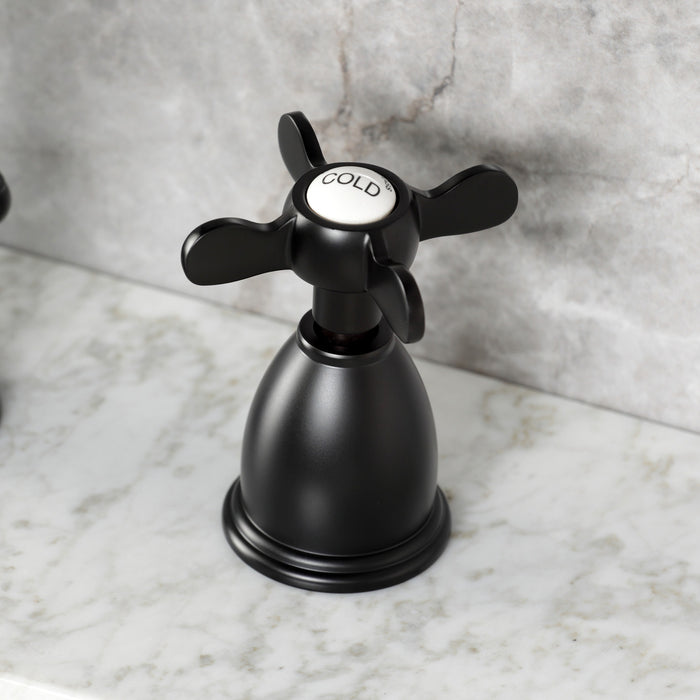 Kingston Heirloom KB1970BEX - Essex Two-Handle 3-Hole Deck Mount Widespread Bathroom Faucet with Brass Pop-Up, Matte Black