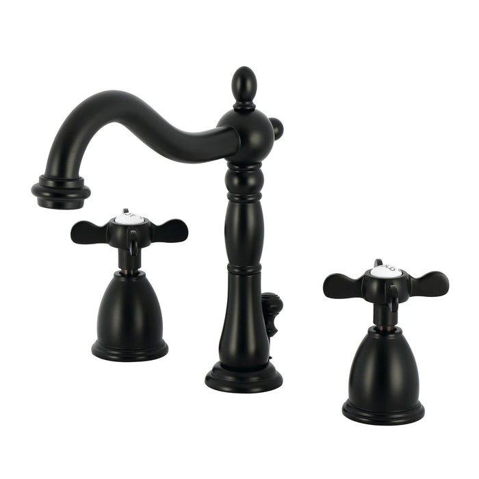 Kingston Heirloom KB1970BEX - Essex Two-Handle 3-Hole Deck Mount Widespread Bathroom Faucet with Brass Pop-Up, Matte Black