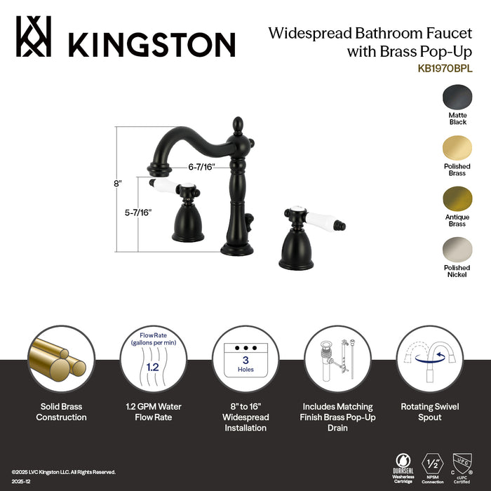 Kingston Heirloom KB1970BPL - Bel-Air Widespread Bathroom Faucet with Brass Pop-Up, Matte Black