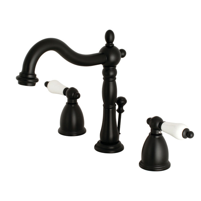 Heritage KB1970PL Two-Handle 3-Hole Deck Mount Widespread Bathroom Faucet with Brass Pop-Up, Matte Black