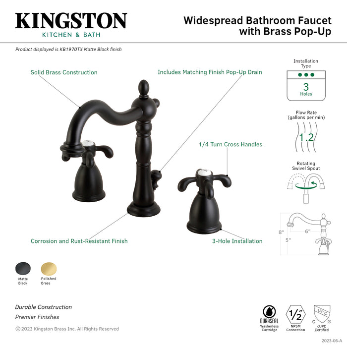 French Country KB1970TX Two-Handle 3-Hole Deck Mount Widespread Bathroom Faucet with Brass Pop-Up, Matte Black