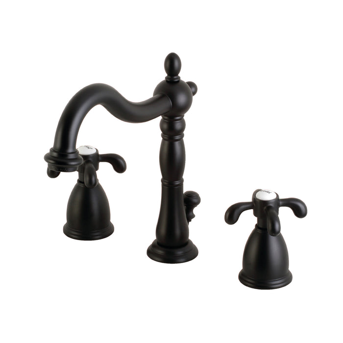 French Country KB1970TX Two-Handle 3-Hole Deck Mount Widespread Bathroom Faucet with Brass Pop-Up, Matte Black