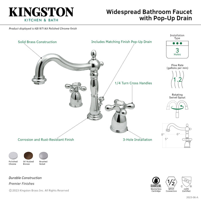Kingston Heirloom KB1971AX - Heritage Two-Handle 3-Hole Deck Mount Widespread Bathroom Faucet with Pop-Up Drain, Polished Chrome