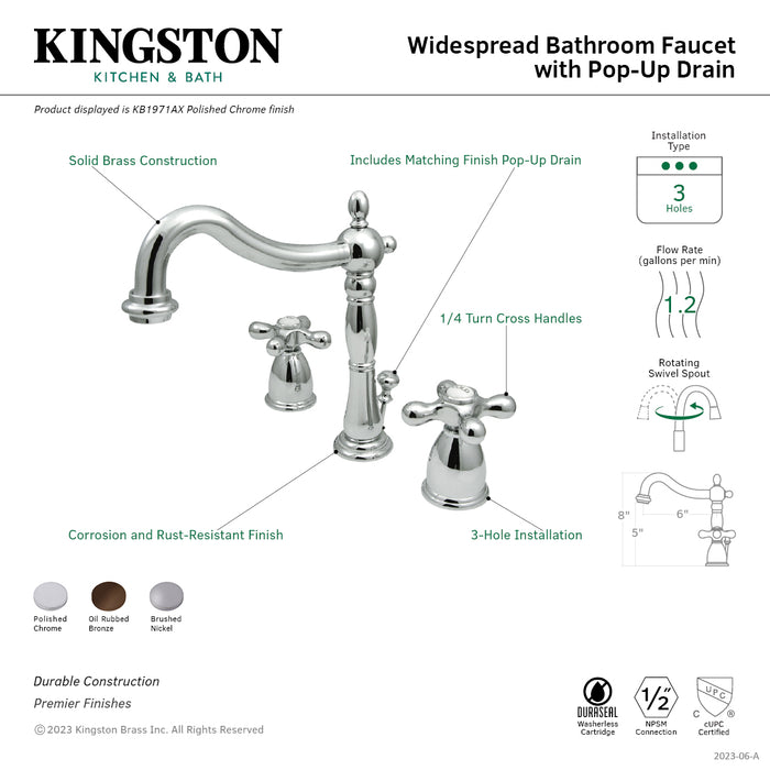 Heritage KB1971AX Two-Handle 3-Hole Deck Mount Widespread Bathroom Faucet with Plastic Pop-Up, Polished Chrome