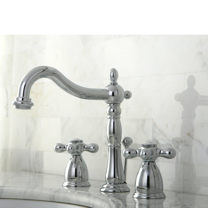 Heritage KB1971AX Two-Handle 3-Hole Deck Mount Widespread Bathroom Faucet with Plastic Pop-Up, Polished Chrome