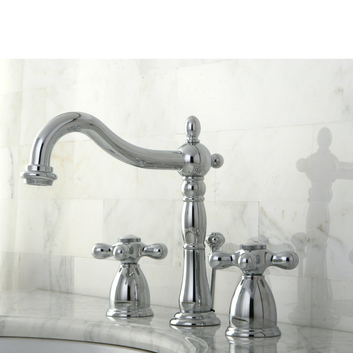 Kingston Heirloom KB1971AX - Heritage Two-Handle 3-Hole Deck Mount Widespread Bathroom Faucet with Pop-Up Drain, Polished Chrome