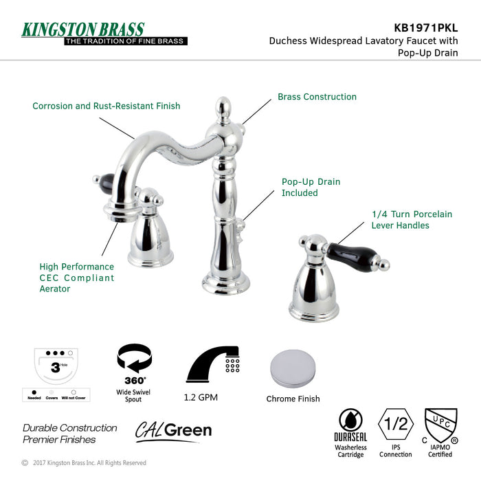 Kingston Heirloom KB1971PKL - Duchess Two-Handle 3-Hole Deck Mount Widespread Bathroom Faucet with Pop-Up Drain, Polished Chrome