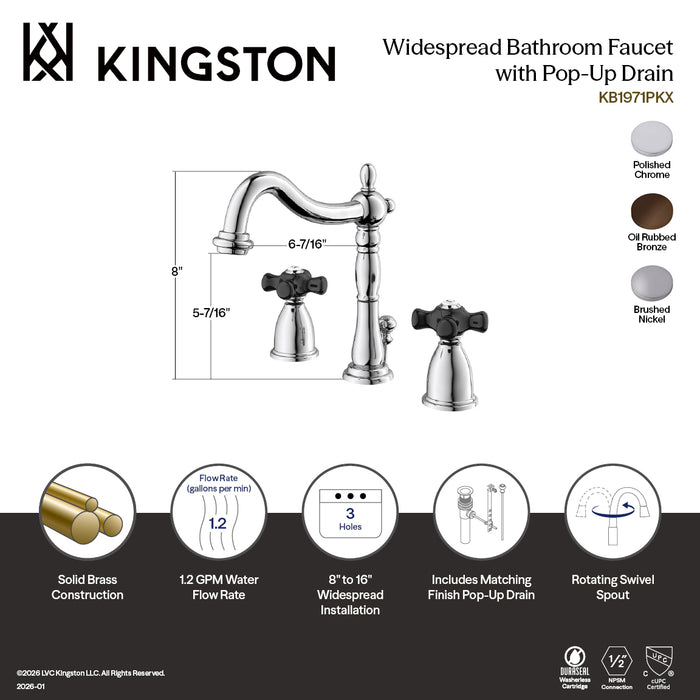Kingston Heirloom KB1971PKX - Duchess Two-Handle 3-Hole Deck Mount Widespread Bathroom Faucet with Pop-Up Drain, Polished Chrome