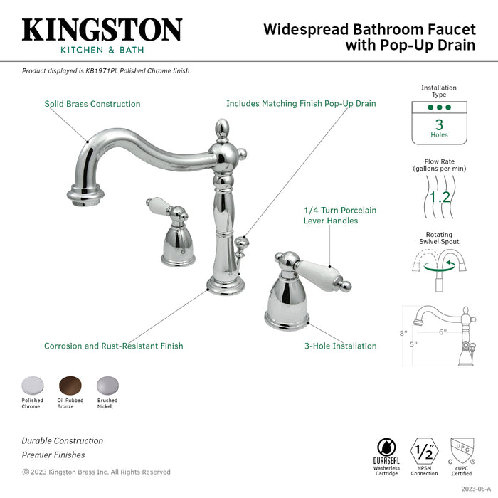 Kingston Heirloom KB1971PL - Heritage Two-Handle 3-Hole Deck Mount Widespread Bathroom Faucet with Pop-Up Drain, Polished Chrome