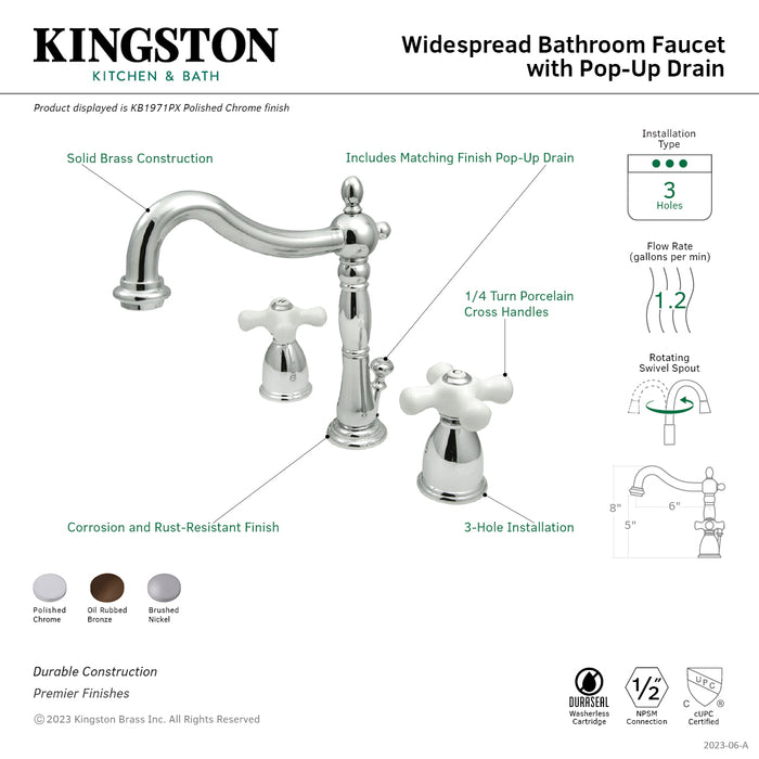 Kingston Heirloom KB1971PX - Heritage Two-Handle 3-Hole Deck Mount Widespread Bathroom Faucet with Pop-Up Drain, Polished Chrome