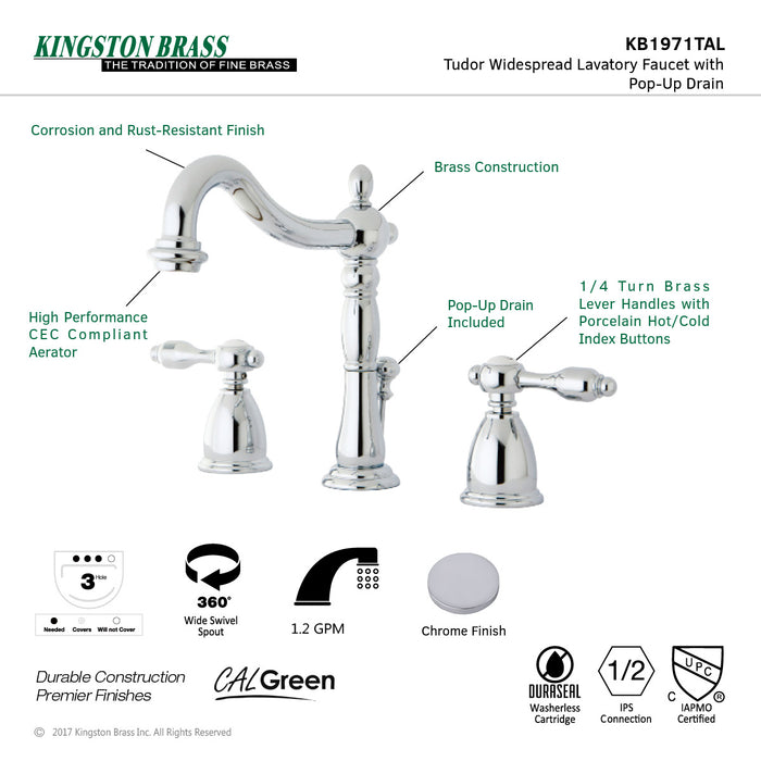 Kingston Heirloom KB1971TAL - Tudor Two-Handle 3-Hole Deck Mount Widespread Bathroom Faucet with Pop-Up Drain, Polished Chrome