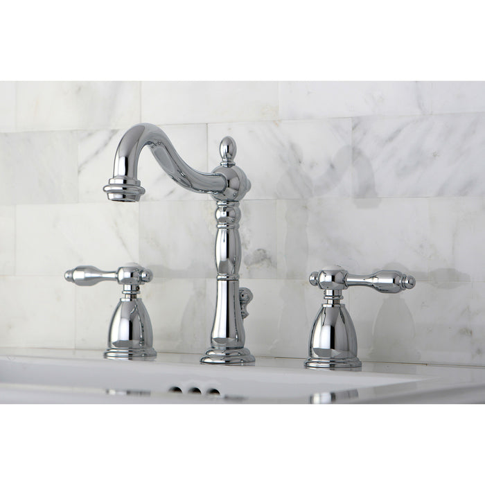 Kingston Heirloom KB1971TAL - Tudor Two-Handle 3-Hole Deck Mount Widespread Bathroom Faucet with Pop-Up Drain, Polished Chrome