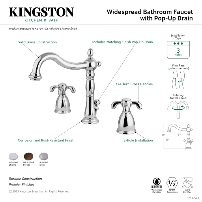 Kingston Heirloom KB1971TX - French Country Two-Handle 3-Hole Deck Mount Widespread Bathroom Faucet with Pop-Up Drain, Polished Chrome