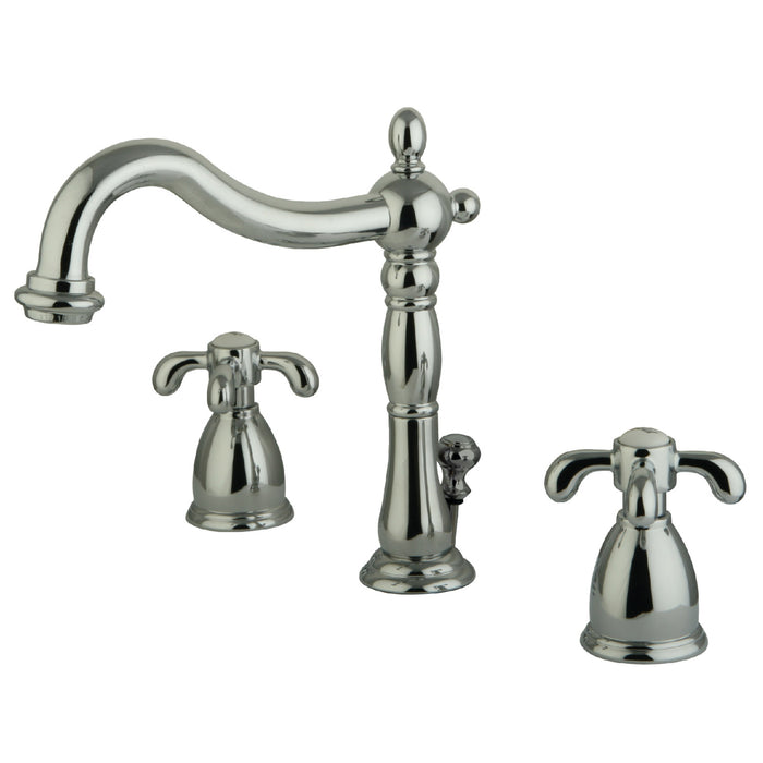 French Country KB1971TX Two-Handle 3-Hole Deck Mount Widespread Bathroom Faucet with Plastic Pop-Up, Polished Chrome