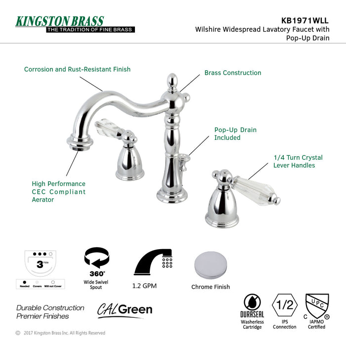 Kingston Heirloom KB1971WLL - Wilshire Two-Handle 3-Hole Deck Mount Widespread Bathroom Faucet with Pop-Up Drain, Polished Chrome