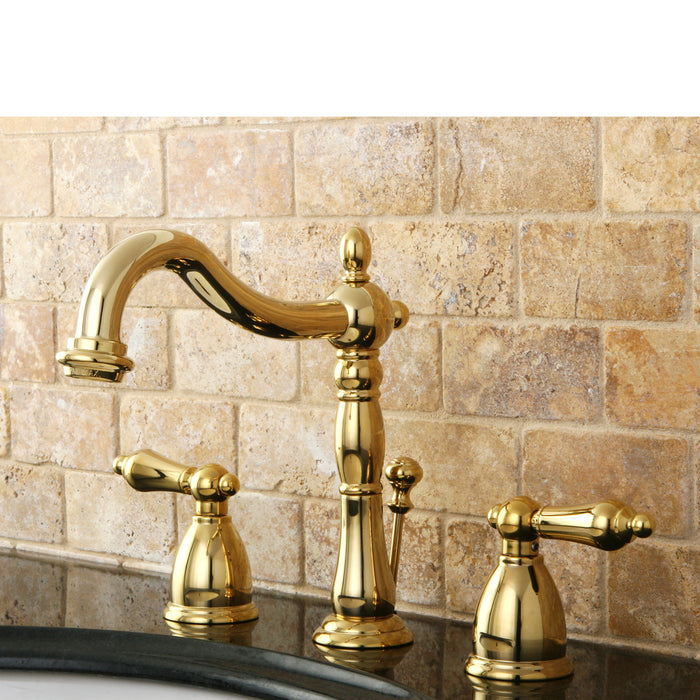 Heritage KB1972AL Two-Handle 3-Hole Deck Mount Widespread Bathroom Faucet with Brass Pop-Up, Polished Brass