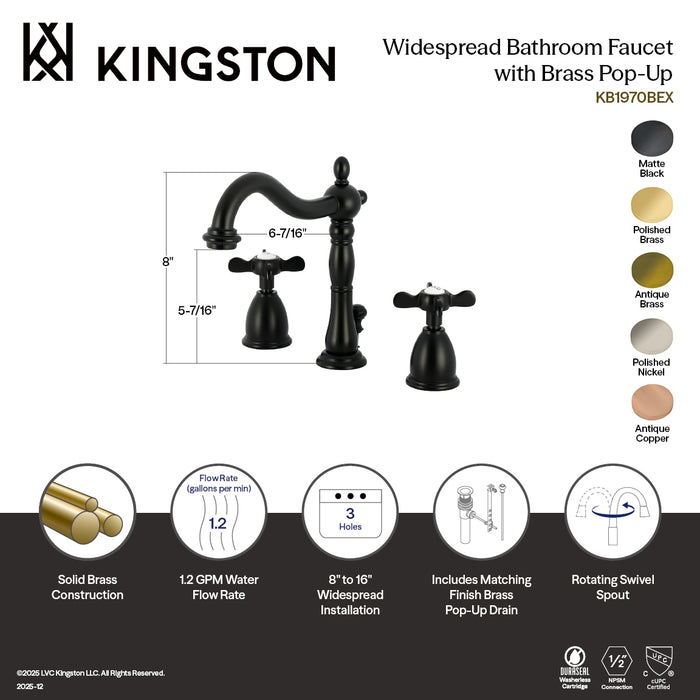 Kingston Heirloom KB1972BEX - Essex Two-Handle 3-Hole Deck Mount Widespread Bathroom Faucet with Brass Pop-Up, Polished Brass