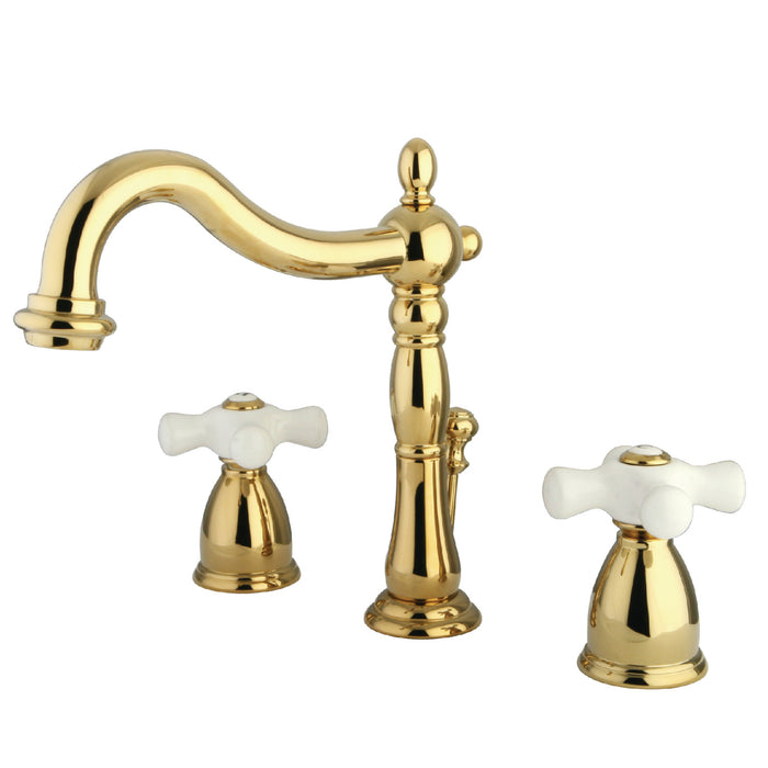 Heritage KB1972PX Two-Handle 3-Hole Deck Mount Widespread Bathroom Faucet with Brass Pop-Up, Polished Brass