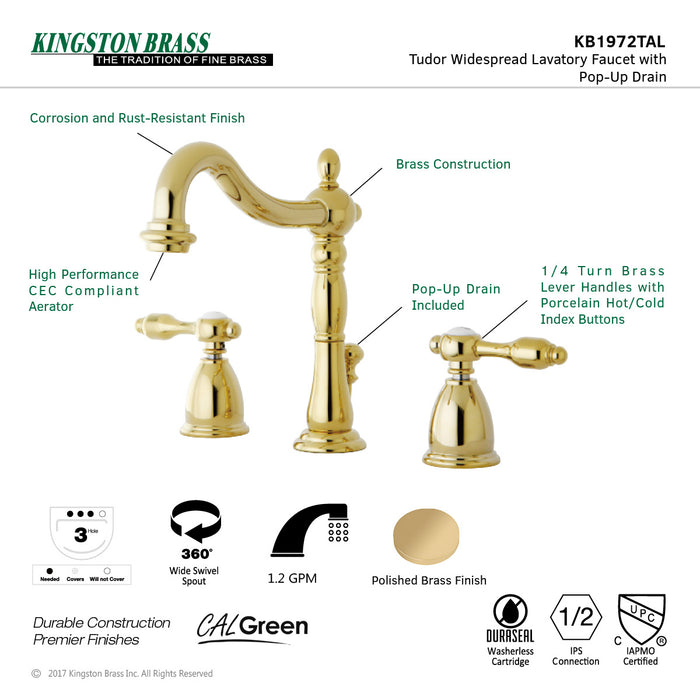 Kingston Heirloom KB1972TAL - Tudor Two-Handle 3-Hole Deck Mount Widespread Bathroom Faucet with Brass Pop-Up, Polished Brass