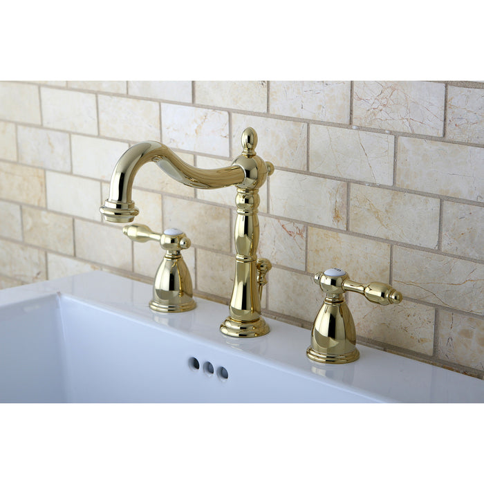 Kingston Heirloom KB1972TAL - Tudor Two-Handle 3-Hole Deck Mount Widespread Bathroom Faucet with Brass Pop-Up, Polished Brass