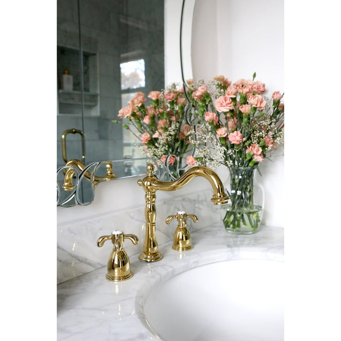 Kingston Heirloom KB1972TX - French Country Two-Handle 3-Hole Deck Mount Widespread Bathroom Faucet with Brass Pop-Up, Polished Brass