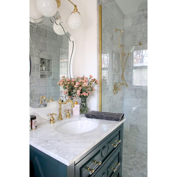 French Country KB1972TX Two-Handle 3-Hole Deck Mount Widespread Bathroom Faucet with Brass Pop-Up, Polished Brass