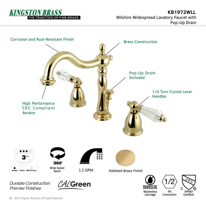 Kingston Heirloom KB1972WLL - Wilshire Two-Handle 3-Hole Deck Mount Widespread Bathroom Faucet with Brass Pop-Up, Polished Brass