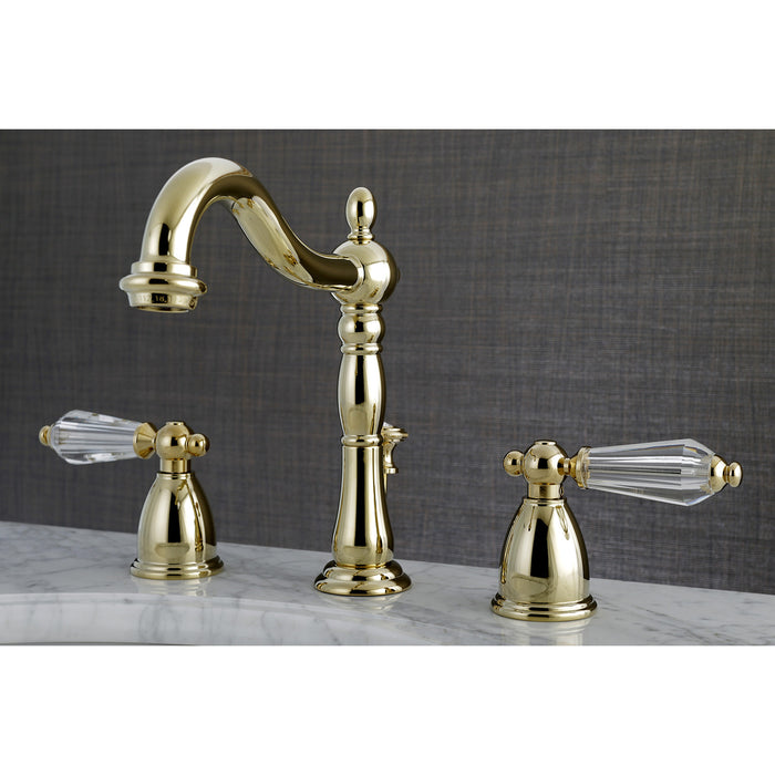 Kingston Heirloom KB1972WLL - Wilshire Two-Handle 3-Hole Deck Mount Widespread Bathroom Faucet with Brass Pop-Up, Polished Brass