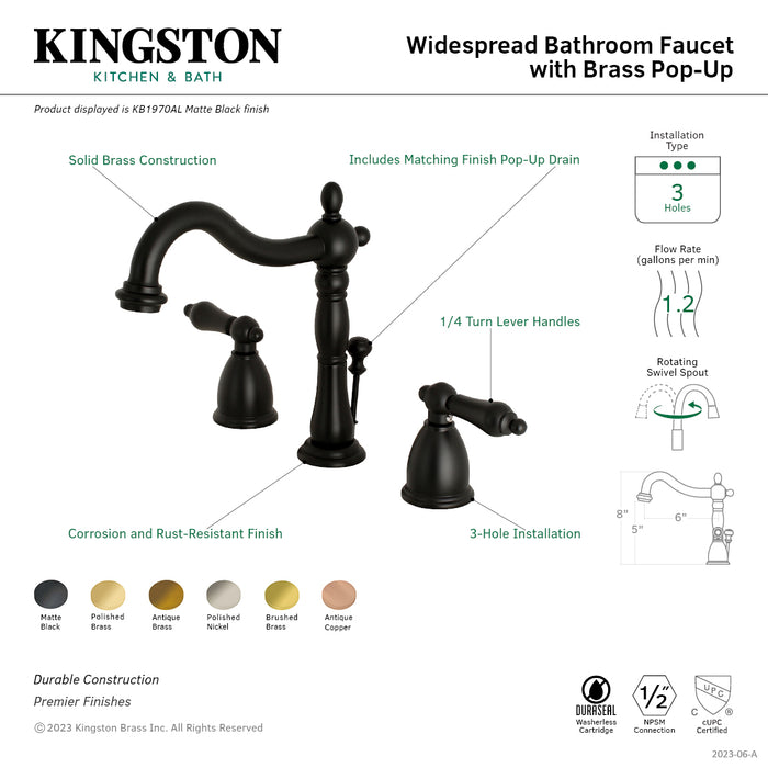 Kingston Heirloom KB1973AL - Heritage Two-Handle 3-Hole Deck Mount Widespread Bathroom Faucet with Brass Pop-Up, Antique Brass