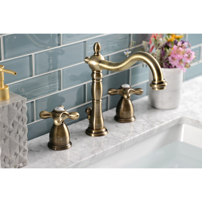 Kingston Heirloom KB1973AX - Heritage Two-Handle 3-Hole Deck Mount Widespread Bathroom Faucet with Brass Pop-Up, Antique Brass
