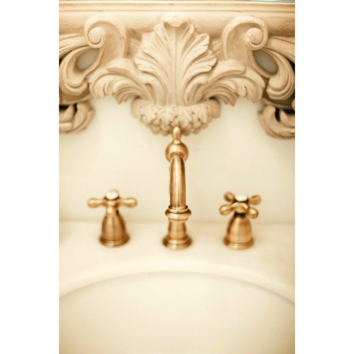 Heritage KB1973AX Two-Handle 3-Hole Deck Mount Widespread Bathroom Faucet with Brass Pop-Up, Antique Brass