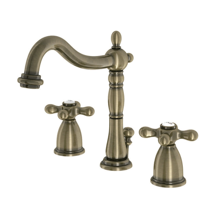Kingston Heirloom KB1973AX - Heritage Two-Handle 3-Hole Deck Mount Widespread Bathroom Faucet with Brass Pop-Up, Antique Brass