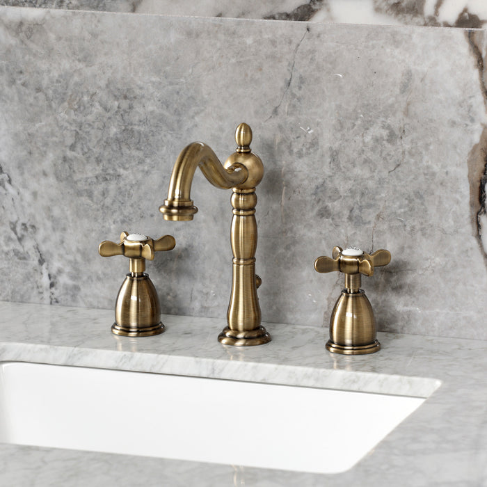 Kingston Heirloom KB1973BEX - Essex Two-Handle 3-Hole Deck Mount Widespread Bathroom Faucet with Brass Pop-Up, Antique Brass