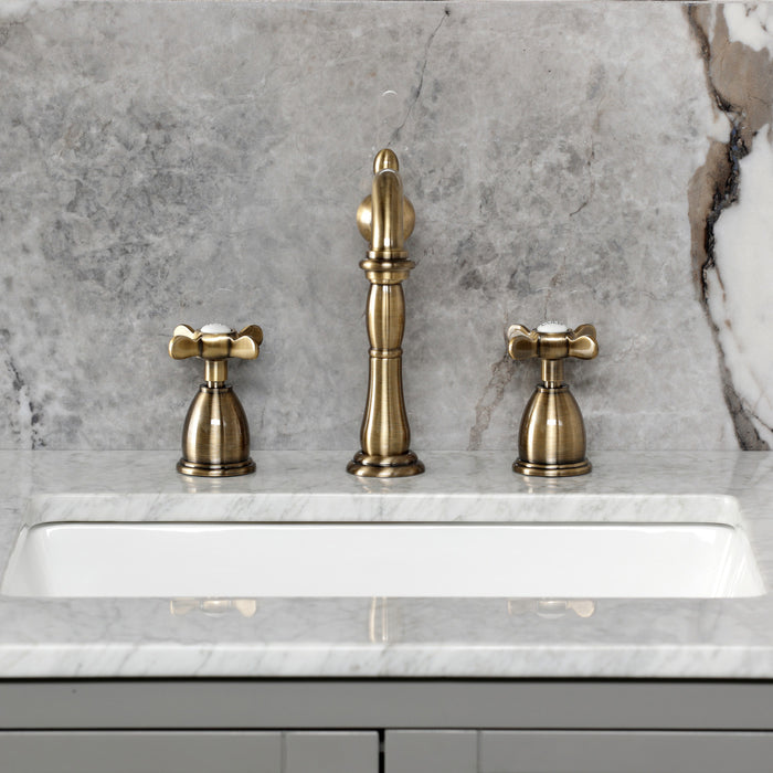 Kingston Heirloom KB1973BEX - Essex Two-Handle 3-Hole Deck Mount Widespread Bathroom Faucet with Brass Pop-Up, Antique Brass