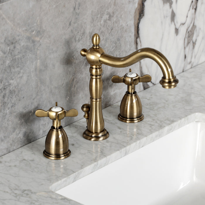 Kingston Heirloom KB1973BEX - Essex Two-Handle 3-Hole Deck Mount Widespread Bathroom Faucet with Brass Pop-Up, Antique Brass